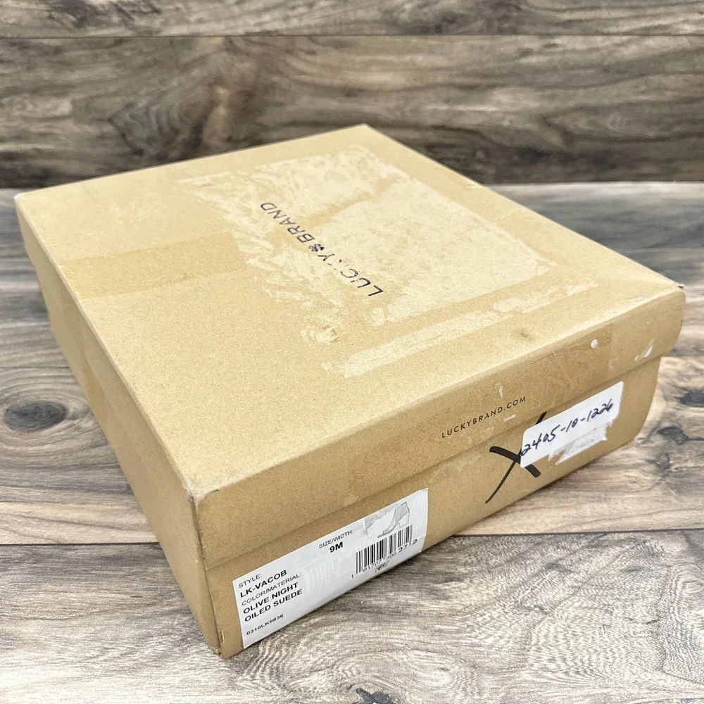 NIB Lucky Brand Vacob 9M Open Toe Perforated Block Heel Ankle Bootie Olive Suede - Picture 12 of 13